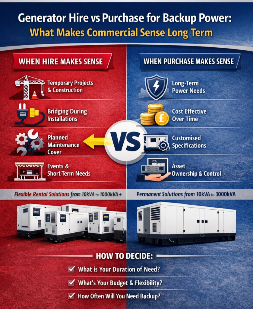 Graphic to compare the benefits of generator hire vs generator purchasing